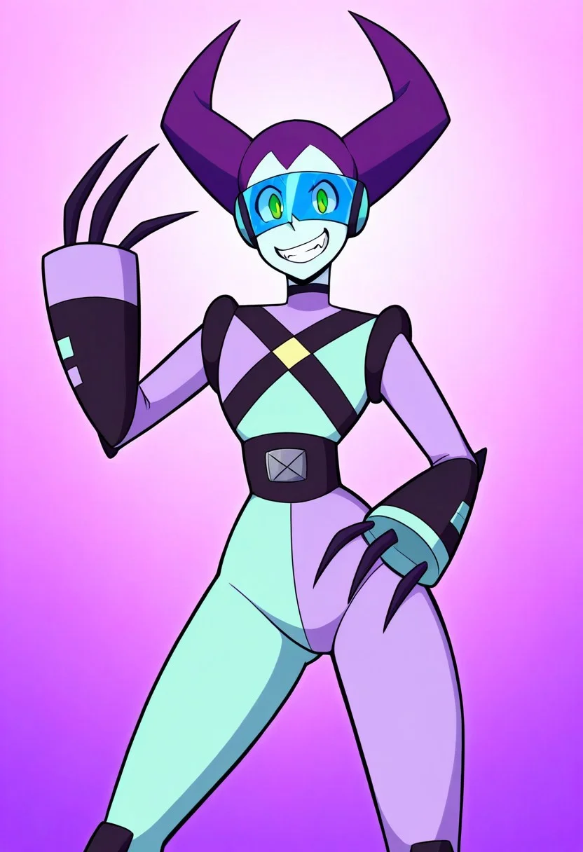 masterpiece, best quality, highres, BREAK, 1girl, solo, fluorite, mint green skin, purple hair, green eyes, mainoutfit, mainhair, heaphones, visor, detached fingers, stomach jewel, looking at viewer, grin, fangs, standing, legs apart, dynamic pose, cowboy shot
