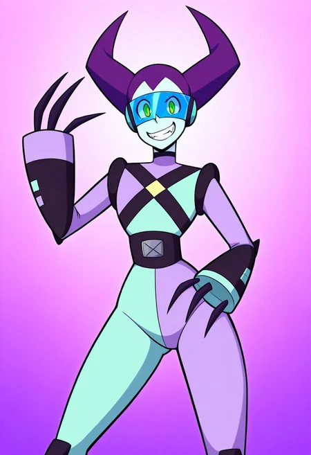masterpiece, best quality, highres, BREAK, 1girl, solo, fluorite, mint green skin, purple hair, green eyes, mainoutfit, mainhair, heaphones, visor, detached fingers, stomach jewel, looking at viewer, grin, fangs, standing, legs apart, dynamic pose, cowboy shot