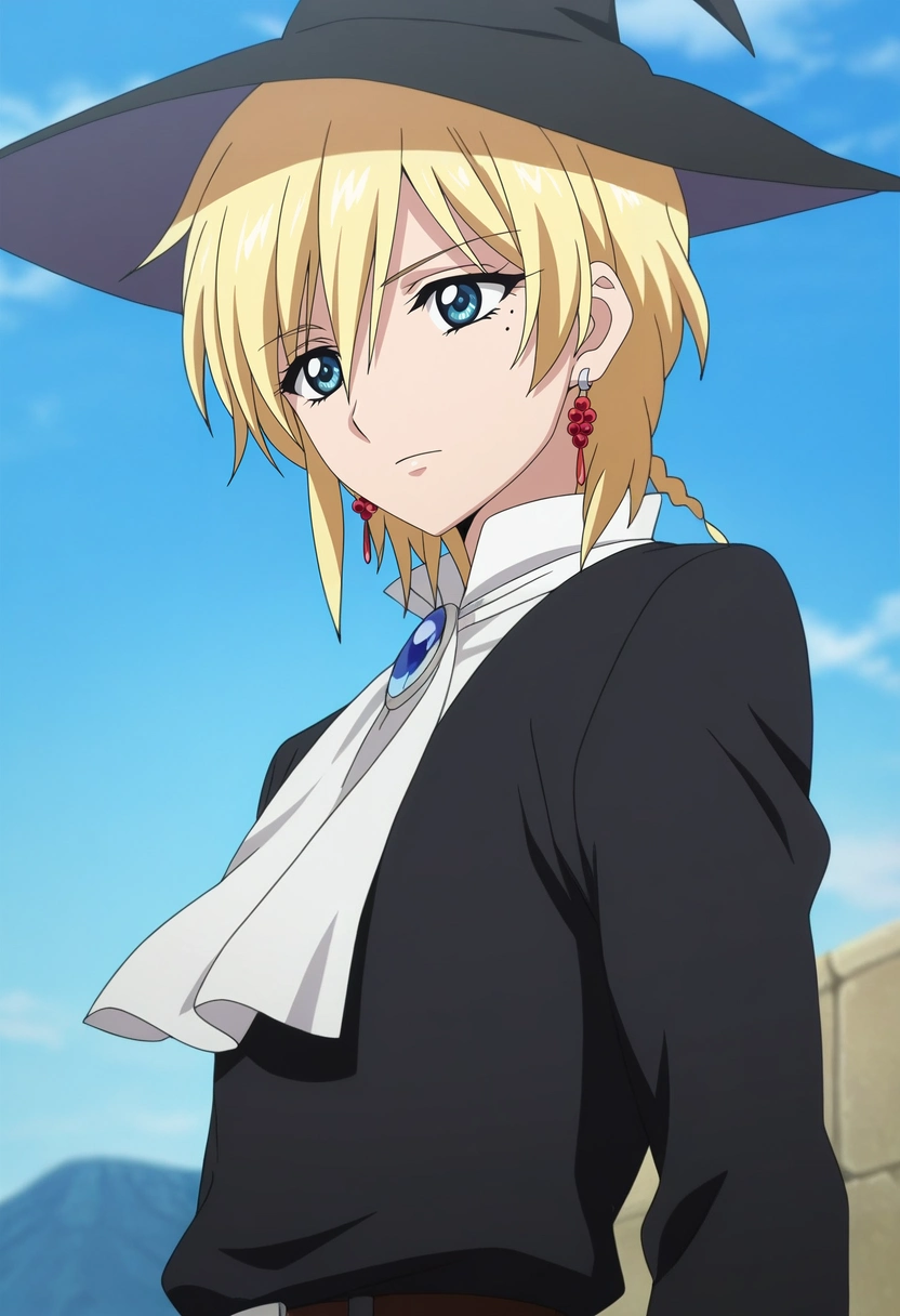 masterpiece, best quality, , anime screencap, anime coloring, ,, 1boy, solo, male focus, <lora:titus_alexius_ilxl:0.92>, titus_alexius, blonde hair, blue eyes, short hair, braid, mole, mole under eye, earrings, witch hat, , , newsboy cap
