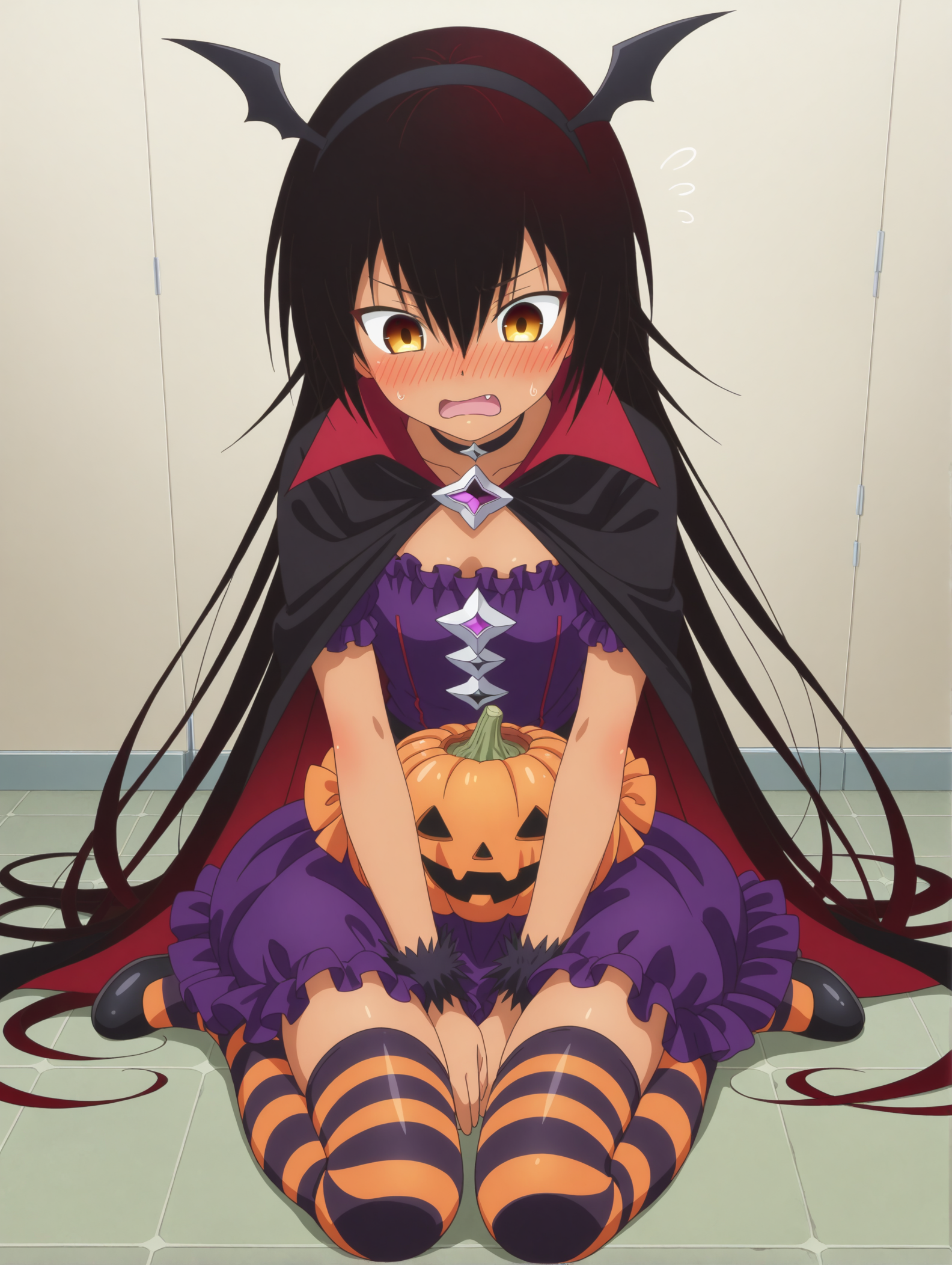 <lora:nemesis_1:1>,nemesis,full body,flustered,halloween costume,striped thighhighs,