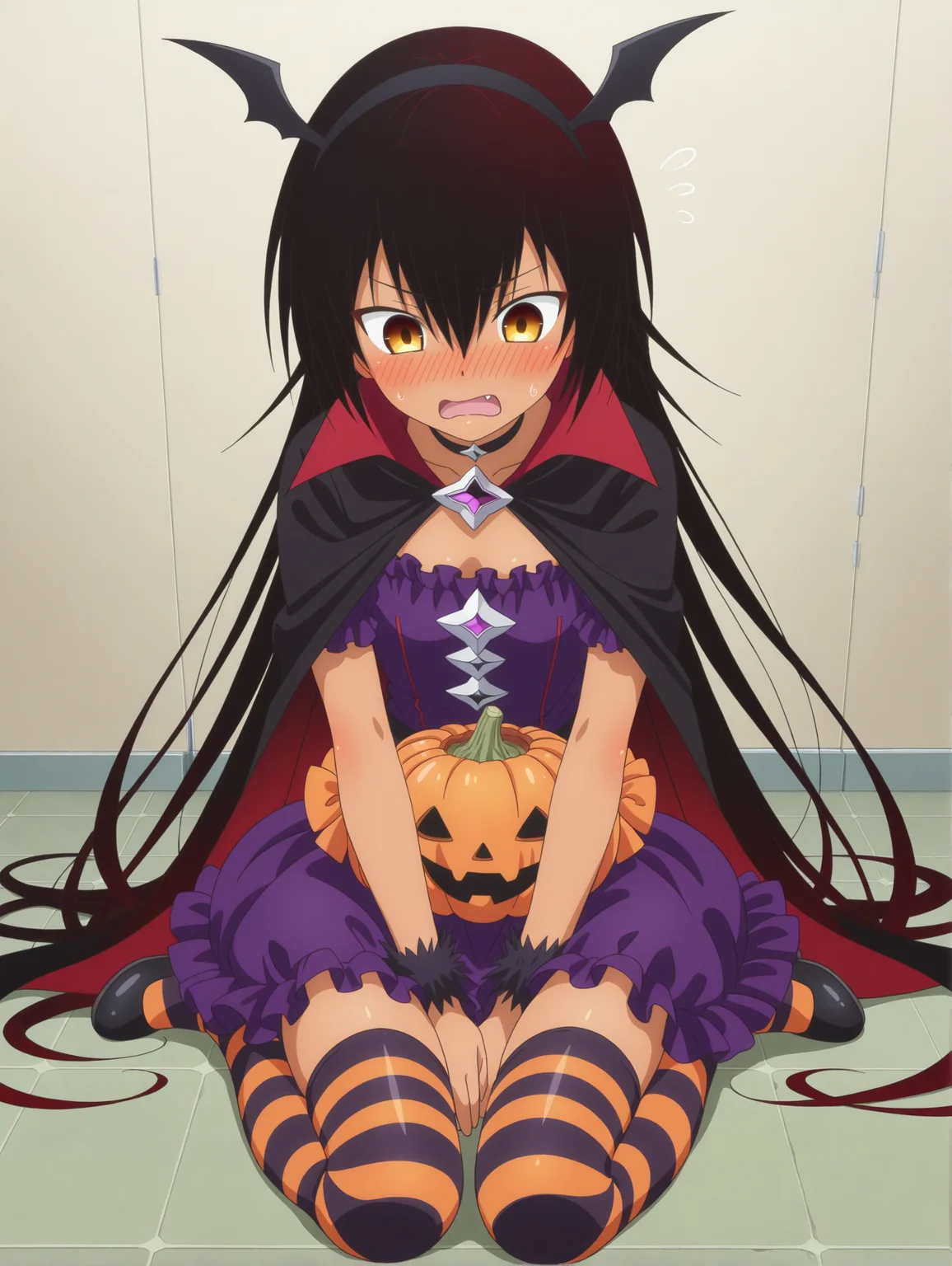 <lora:nemesis_1:1>,nemesis,full body,flustered,halloween costume,striped thighhighs,