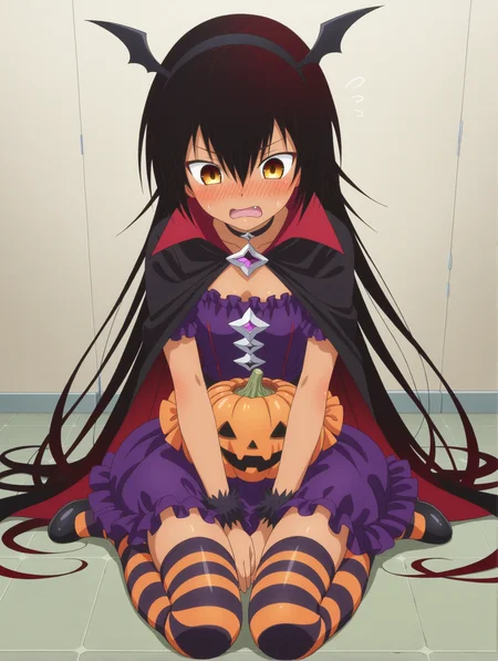 <lora:nemesis_1:1>,nemesis,full body,flustered,halloween costume,striped thighhighs,
