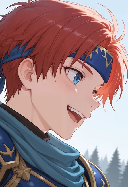 masterpiece,best quality, amazing quality,1boy, solo, r0y, red hair, black undershirt, blue chest plate, blue handband, blue scarf, close up, side angle, happy,
outside,