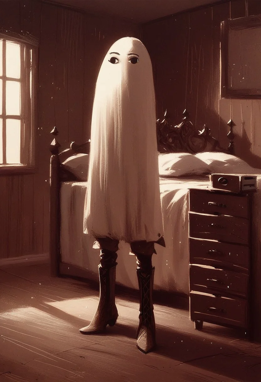 score_9, score_8_up, score_7_up,
Medjed, solo, full body, standing, indoors, bedroom, bed, chest of drawers, boots, big boots, cowboy boots,