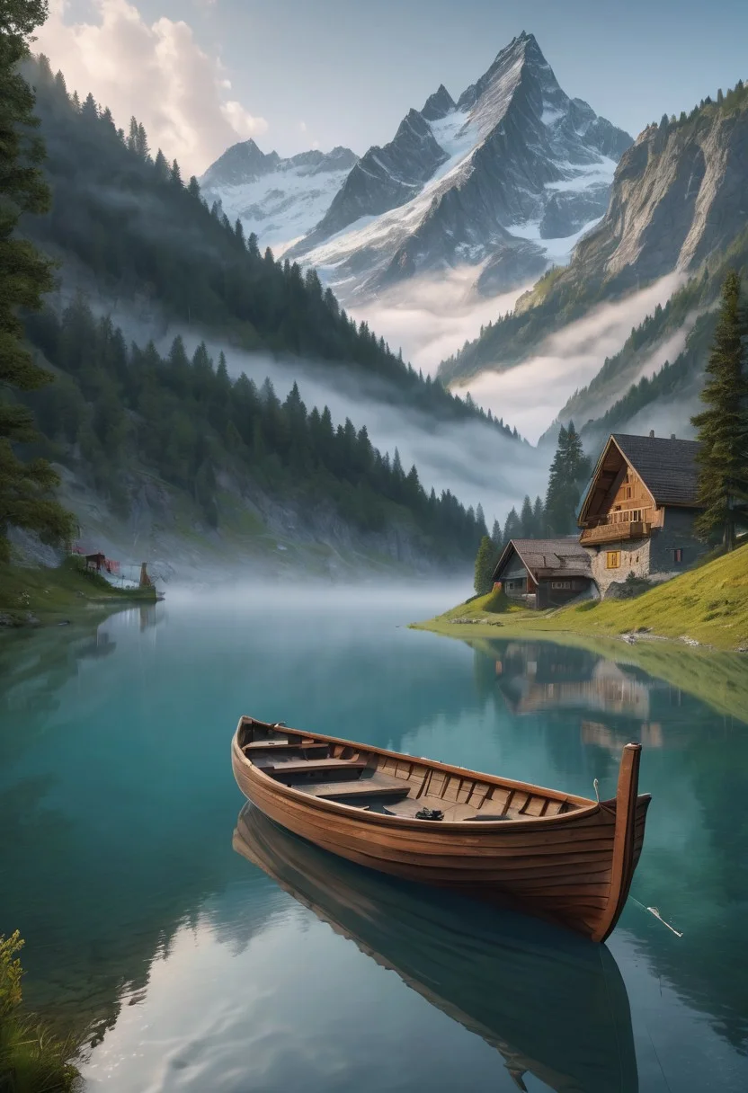 8k breathtaking view of a Boat on the waterside, in the distance, Swiss alp, mountain lake, milky haze, morning lake mist, masterpiece, award-winning, professional, highly detailed in, undefined, snow, mist, in the distance, glowing eyes, style-nebmagic