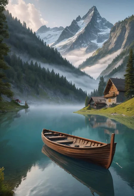 8k breathtaking view of a Boat on the waterside, in the distance, Swiss alp, mountain lake, milky haze, morning lake mist, masterpiece, award-winning, professional, highly detailed in, undefined, snow, mist,  in the distance, glowing eyes, style-nebmagic