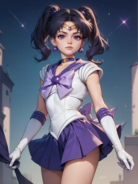 score_9, score_8_up, score_7_up, score_6_up, score_5_up, score_4_up,
1girl wearing a purple sailor senshi uniform, <lora:sailor_senshi_uniform-PD-1.0:1>
cowboy shot, gloves, black hair, twintails, circlet, purple eyes, purple skirt, night sky