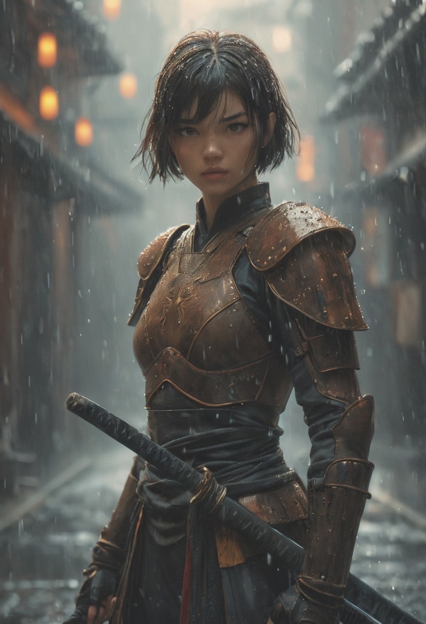 (Soft Lighting Photography by Mimoza Veliu and Mario Giacomelli:1.2), NSFW, short hair, 
by (((Ilya Kuvshinov) and Jessica Rossier) and Phil Noto) and Hisui Sugiura, fire, princess wielding a katana, shallow depth of field, nipples, raining, water drops