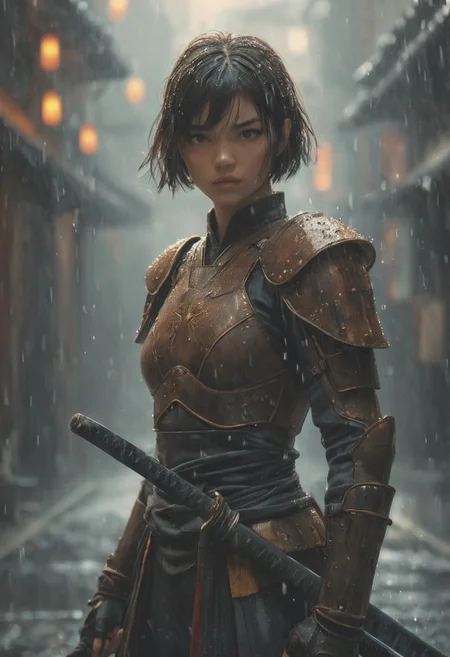 (Soft Lighting Photography by Mimoza Veliu and Mario Giacomelli:1.2), NSFW, short hair, 
by (((Ilya Kuvshinov) and Jessica Rossier) and Phil Noto) and Hisui Sugiura, fire, princess wielding a katana, shallow depth of field, nipples, raining, water drops