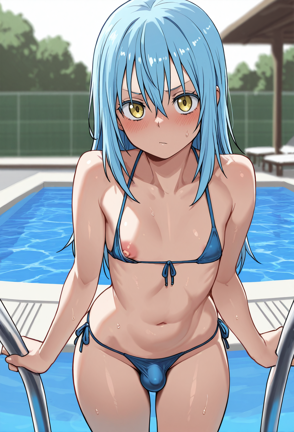 masterpiece, best quality, cowboy shot,
 <lora:Kisuu_Odd_este_es:1> k1500,  1girl, solo, looking at viewer, rimuru tempest, blue hair, bikini, penis bulge, nipple slip, outdoors, pool,