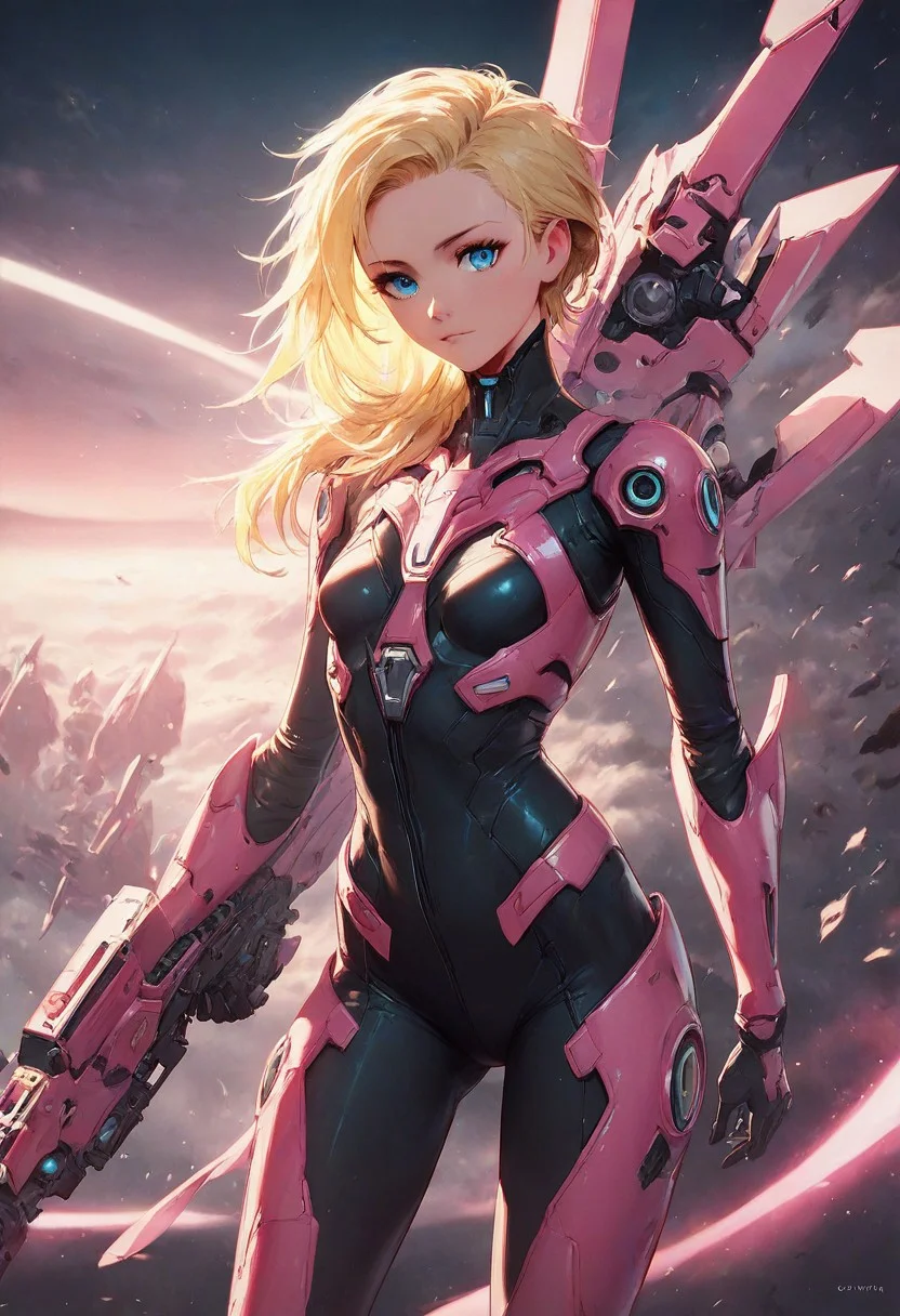 Score_9, score_8_up, score_7_up, score_6_up BREAK 1girl, bodysuit, pink leather, small breasts, blue eyes, blonde hair, spiky hair, battlefield, futuristic, sci-fi, weapons, highly detailed, beautiful art, beautiful background, beautiful lighting