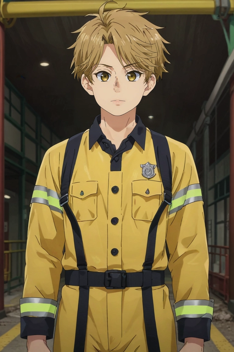 score_9, score_8_up, score_7_up, source_anime, rating_safe, intricate details, anime screencap, anime coloring, , , , 1boy, solo, male focus, <lora:yuuma_nikaidou_pony:0.96>, yuuma_nikaidou, blonde hair, yellow eyes, short hair, , firefighter costume, <lora:sdxl_lightning_8step_lora:1>