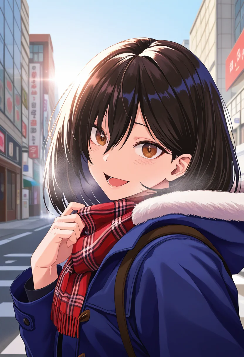 masterpiece, best quality, amazing quality, absurdres, 1girl, solo, upper body, kusunoseww, brown eyes, black hair, medium hair, bangs, hair between eyes, winter clothes, hooded coat, fur-trimmed hood, hood down, plaid scarf, looking at viewer, smile, open mouth, outdoors, city, day, skindentation, detailed clothing folds, depth of field, sharp, high contrast, dynamic light <lora:Kusunose_Houkago_Hashi_no_Shita_de_ill:0.9>