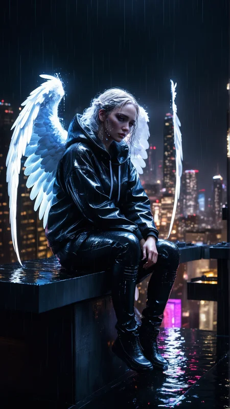 Angelic figure with glowing white wings, hyperrealistic, dark cyberpunk cityscape, neon lights, sitting on a rooftop, rain, dramatic lighting, detailed, atmospheric, introspective, high contrast, realistic wet textures, water reflections, glistening surfaces, detailed rain effects, wet clothing and hair