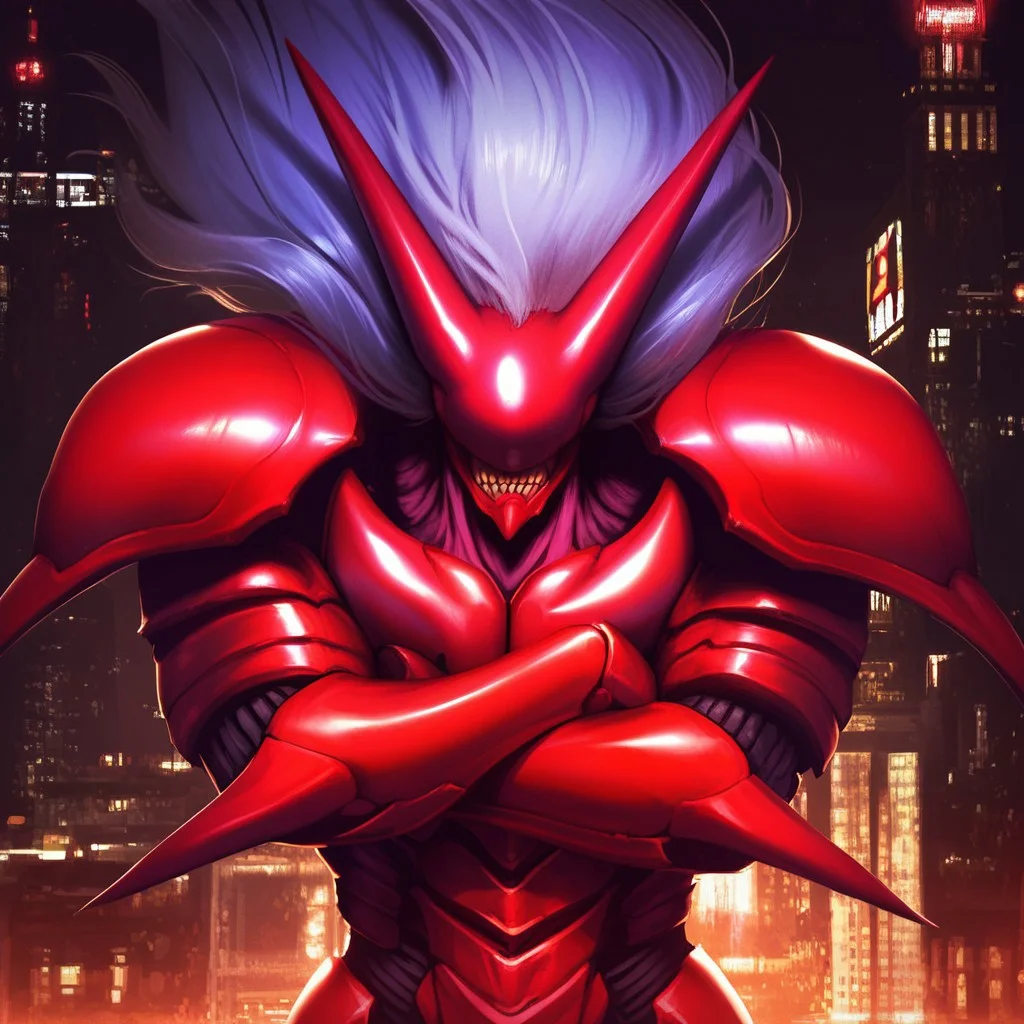 score_9, score_8_up, score_7_up, 1boy, solo, Expressiveh, (ShouX, monstrous humanoid, armor, red body, white hair, long hair, eyeless, noseless, earless, teeth, claws, armor, closed mouth), arms crossed, low-angle view, city, streets, night, standing, detailed background, 4k, masterpiece, best quality, highly detailed, realistic