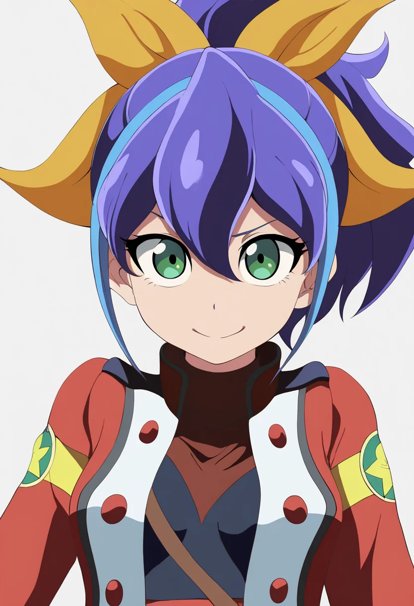 best quality, amazing quality, very aesthetic, absurdres, thick lineart,
1girl, celina, blue hair, ponytail, hair bow, two-tone hair, green eyes,
academy uniform, bike shorts, jacket,
upper body,
smile, looking at viewer, solo, simple background, white background, <lora:CelinaSerenaNoobXL_byKonan:1>