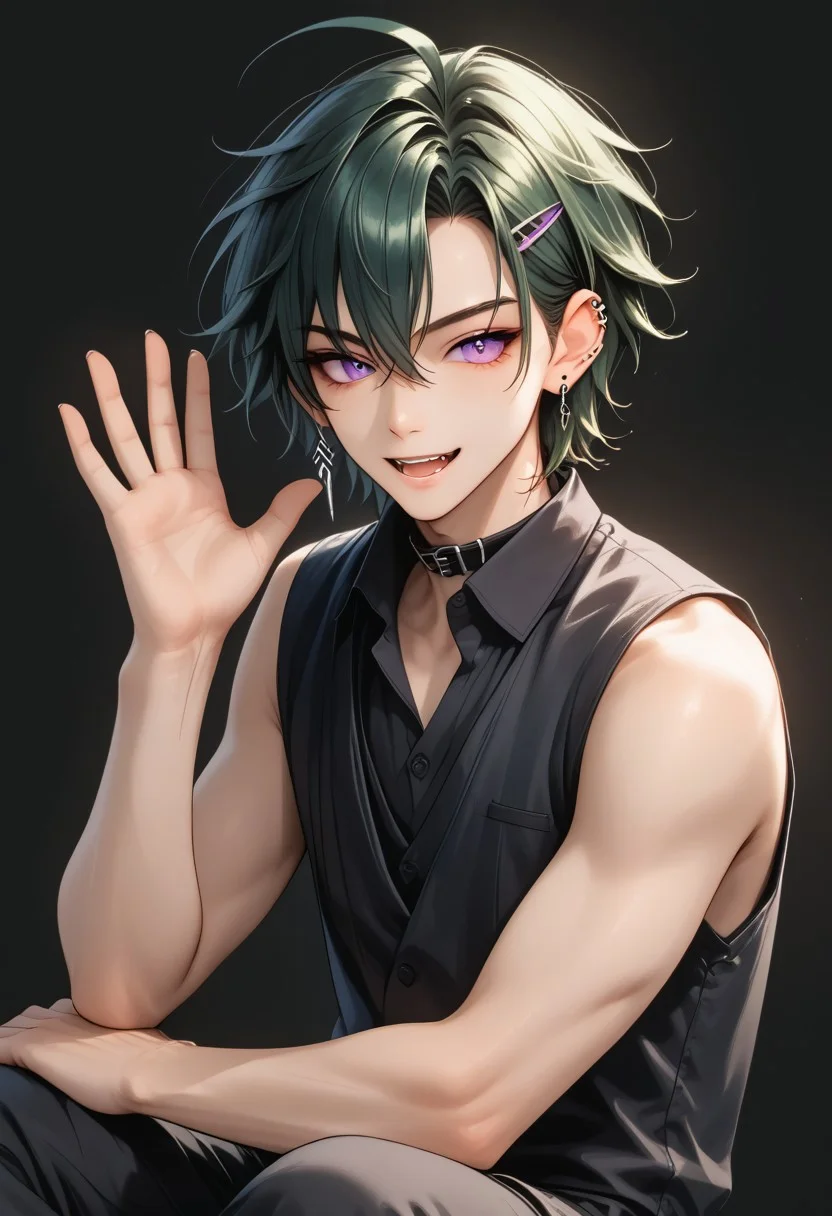 Score_9, Score_8, Score_7,masterpiece quality, full body, sitting, dynamic angle, perfect eyes, perfect face, perfect ears, perfect anatomy, perfect hands, intricate details, BREAK,1boy, antherima, solo, 20 years old, dark green hair, hair between eyes, asymmetrical hair parting on left, hair clip on left side, ahoge, medium length bangs, anime reference, slit pupils, purple Eyes, light_red_eyeshadow, ((1_earstud_left_side)), BREAK, waving, smiling, open mouth, black_collar_vest, open collar, exposed collar bone, sleeveless, exposed arms, black shorts, bare shoulders,BREAK,
((black_background))