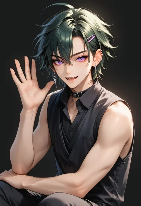 Score_9, Score_8, Score_7,masterpiece quality, full body, sitting, dynamic angle, perfect eyes, perfect face, perfect ears, perfect anatomy, perfect hands, intricate details, BREAK,1boy, antherima, solo, 20 years old, dark green hair, hair between eyes, asymmetrical hair parting on left, hair clip on left side, ahoge, medium length bangs, anime reference, slit pupils, purple Eyes, light_red_eyeshadow, ((1_earstud_left_side)), BREAK, waving, smiling, open mouth, black_collar_vest, open collar, exposed collar bone, sleeveless, exposed arms, black shorts, bare shoulders,BREAK,
((black_background))