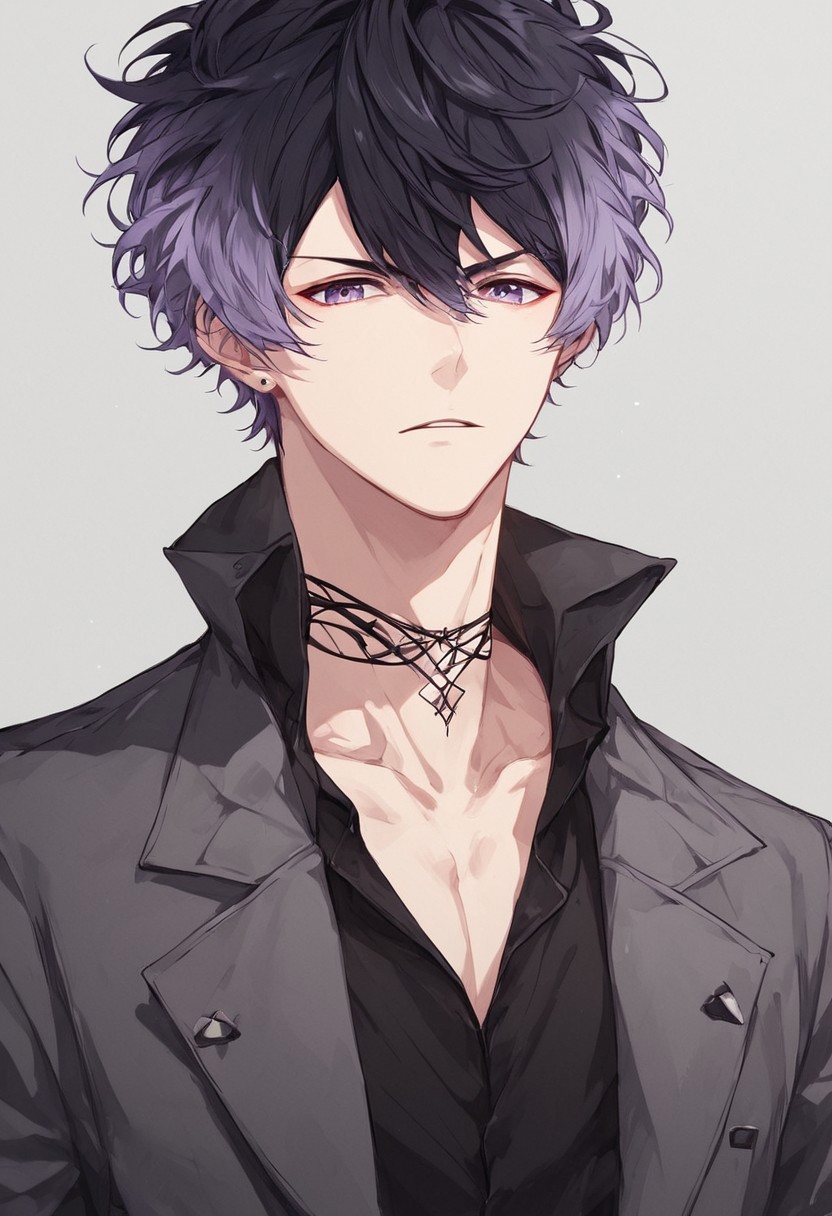 score_9, score_8_up, ruki mukami, solo, 1boy, male, grey jacket, black pants, brown pants, black web choker, black shoes, black shirt, short tousled hair, dark charcoal black hair with lavender gradient tips, standing
