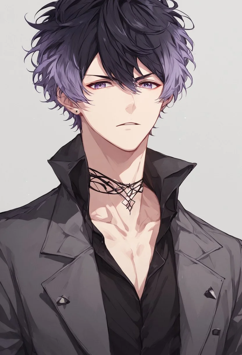 score_9, score_8_up, ruki mukami, solo, 1boy, male, grey jacket, black pants, brown pants, black web choker, black shoes, black shirt, short tousled hair, dark charcoal black hair with lavender gradient tips, standing