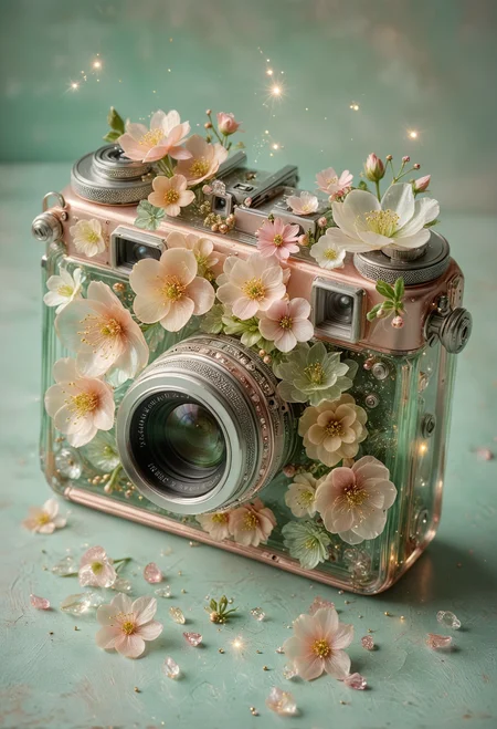 fanciful, translucent vintage camera with metallic copper and silver details, filled with an array of soft pastel flowers including hues of pink and white and green inside it, floating golden sparkles, magical touch to the composition, <lora:MJ52:0.3>, <lora:SDXLFaeTastic2400:0.4>, <lora:sdxl_glass:0.7>, <lora:tranzp:0.7>, <lora:add-detail-xl:1>