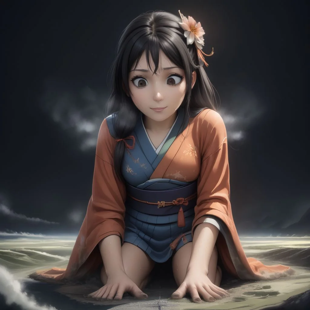 score_9, score_8_up, score_7_up, score_6_up, macro, giga macro, giantess,( 1girl:1.5), solo, solo focus,
(enju aihara, brown eyes, ribbon, hair ribbon,  ribbon, long hair, black hair, hair ornament, kimono, colorful kimono, flower girl, bare legs, barefoot, looking down, sweating, adorable girl:1.3), (kneeling, crawling, on her knees, kneeling down:1.4), smiling, (kimono:1.2), legs wide spread, splits,
(cute female, love, flower girl:1.5), 1girl, perfect feet, feet, looking down, (sweat, sweaty, very sweaty, steam, steamy:1.4), (bare legs, barefoot:1.3), toes, (crawling, all fours, looking down:1.4), (dirty feet, sweaty feet, sweaty soles, steamy feet, dirty soles, feet dripping sweat, feet dripping with sweat, feet steaming, steam around feet, very sweaty feet, sweat on soles:1.3), flower girl, very cute girl, (dirty, digging, dirty feet, smoke around feet, smoke from destruction, muddy legs, mud on feet, dirty:1.1),
extreme detail, realistic, realism, masterpiece, perfect lighting, bloom, cinematic lighting, highres, (ultra realistic, 32k, masterpiece:1.2), (high detailed skin:1.1), (high quality:1.1), (detailed background, very detailed background:1.2),
(landscape:1.5), stepping on a tiny landscape, tiny landscape, tiny cities, destruction, mass destruction, (from space, view from space, earth \(planet\), black background, night sky, space:1.3), (photo background:1.2), solo, (planet size, giga size:1.2)