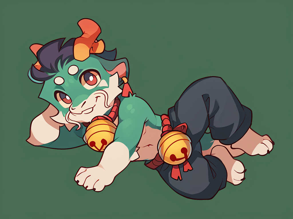 score_9, score_8_up, score_7_up, high quality, hires, male, solo, anthro, furry, topless, bell, on side, chibi, looking at viewer, full body, <lora:Greene:1>