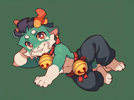 score_9, score_8_up, score_7_up, high quality, hires, male, solo, anthro, furry, topless, bell, on side, chibi, looking at viewer, full body, <lora:Greene:1>