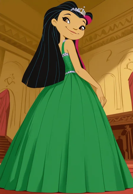 masterpiece, best quality, amazing quality, very aesthetic, absurdres, newest, solo,Juniper_LeeZYN, 1girl, solo, brown eyes, black hair, two-tone hair, multicolored hair, long hair, Very large green sleeveless floor length gown, ball gown, rhinestones. She is also wearing a tiara, hoop skirt, dome shape skirt, quinceanera, prom, pageant, CrinolineDress, Gown, cowboy shot, looking at viewer, beautiful, ((beautiful face, beautiful eyes)), Wide Hips, Big thighs, standing,(smile, indoors, elegant room, looking_at_back, solo, full_body, head tilt,),from direct beiow,(((from below:1.5))), ass focus,bend down