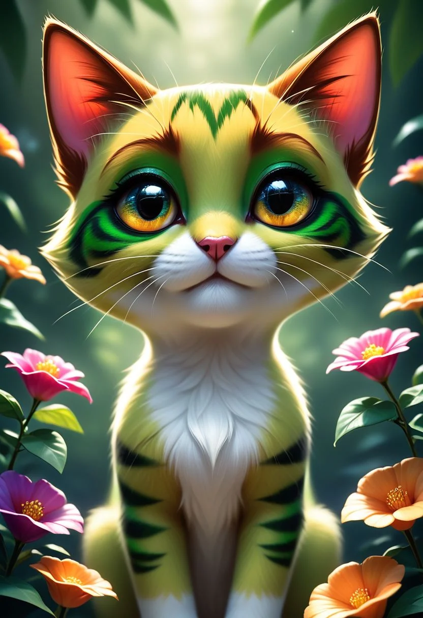 Create an image of an imaginary abstract cat with large, endearing eyes, looking directly at the viewer. The cat should feature vibrant, eye-catching colors, with fur combining shades such as electric blue, purple, emerald green, and hints of gold. The scene is set in a colorful, lush jungle filled with exotic vegetation and brightly colored flowers in intense hues like red, orange, fuchsia, and yellow. The atmosphere should be magical and full of life, with intricate details in every leaf and flower. The cat should appear extremely cute and beautiful, with a friendly and welcoming expression.