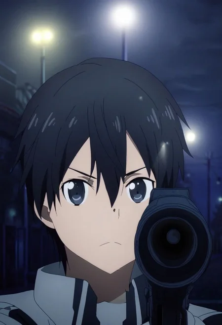 high resolution, solo, best quality, 1Boy, Kazuto Kirigaya, Black Hair, Black Eyes, portrait, midnight, dim street lights, mysterious, threatening, gun, aiming the gun to the viewer, OverallDetail