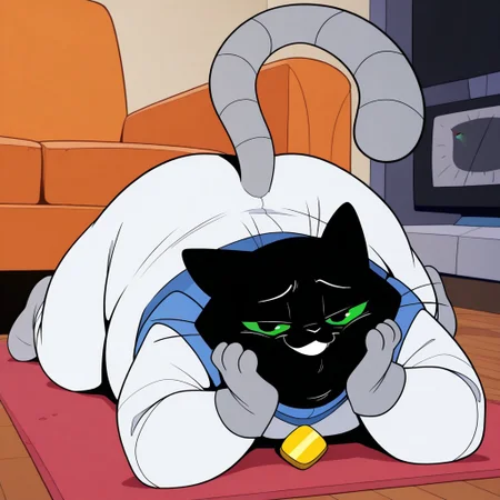 masterpiece, best quality, amazing quality, scratch, male, furry male, anthro, solo, cat, black fur, green sclera, black pupils, whiskers, tail, fat, white spacesuit, grey boots, blue collar, gold pendant, laying on stomach, on floor, hands on face, smile, looking at viewer, indoors, living room