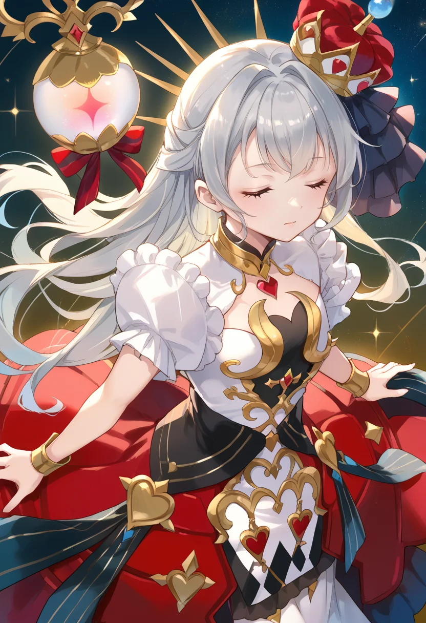 (score_9:0.9),score_8_up,score_7_up,rating_safe,anime style,(zPDXL),(zPDXL3),<lora:MALICE Queen Hearts of Crypter ponyXL v1:0.76>,mâlice queen hearts of crypter,1girl,closed eyes,solo,red crown,sparkle,bare arms,see-through,from above,multicolored dress,metal orb,