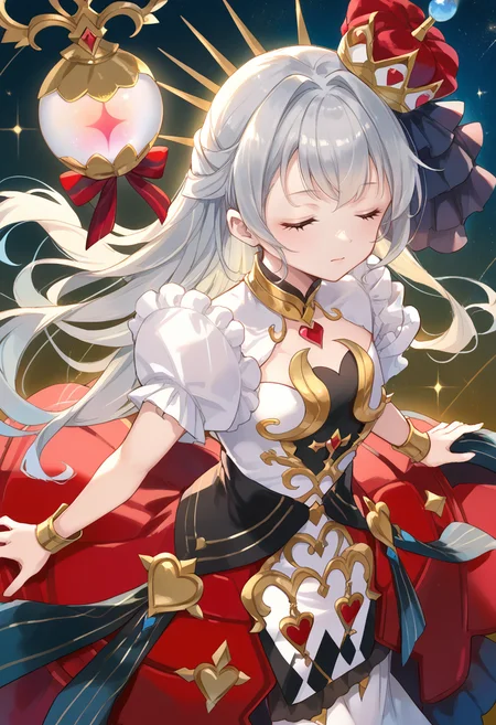 (score_9:0.9),score_8_up,score_7_up,rating_safe,anime style,(zPDXL),(zPDXL3),<lora:MALICE Queen Hearts of Crypter ponyXL v1:0.76>,mâlice queen hearts of crypter,1girl,closed eyes,solo,red crown,sparkle,bare arms,see-through,from above,multicolored dress,metal orb,