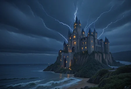 Stable_Yogis_PDXL_Positives, masterpiece,best quality,amazing quality,very aesthetic,high resolution,ultra-detailed,absurdres,newest, outdoors, mw01out, mwl01, castle, castle on the edge of a cliff, white walls, purple turrets, nighttime, night, thunderstorm in the distance, thunderclouds, overlooking the ocean, stormy