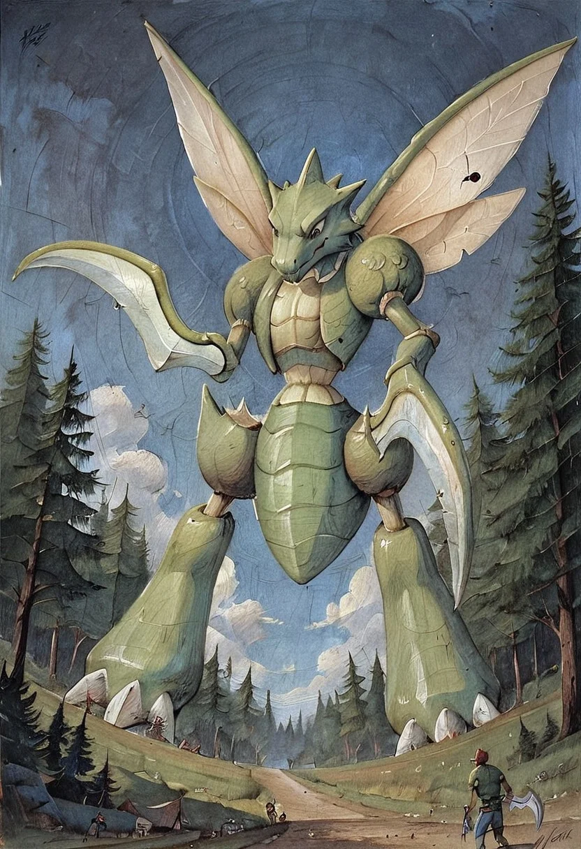 score_9, score_8, score_7, forest, night, black_sky, low-angle_view, (Scyther, (giantess), male, slim), gothic art, oil painting, traditional media, realistic, best_quality
