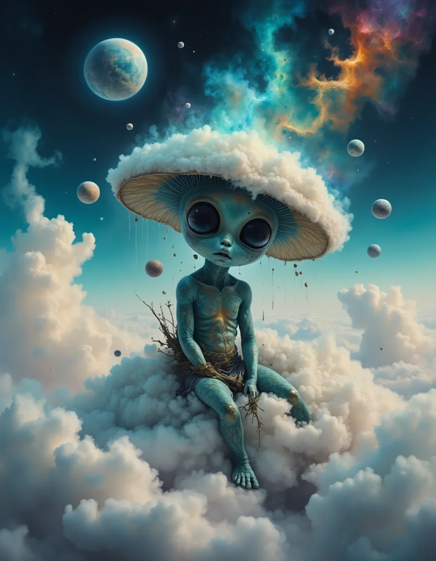 cinematic stylized painting of a cute little alien sitting on a fluffy cloud in the sky above clouds with adorable dangling feet, lovely beautiful night sky, astral space art, hazy atmosphere, epic, bokeh, cinemascope, complementary vivid colours, expansive details, amazing depth, intricate