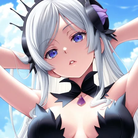 anime screencap, masterpiece, best quality, <lora:DanMachi_Freya_IlluXL:0.9>,
1girl, Freya (Danmachi), sky, Silver hair, long hair, swept bangs, hair ornament, masterpiece, violet eyes, parted lips, detailed lips, soft lips, glossy lips, looking at viewer, FreyaBDress, center opening, strapless, black dress, detached collar, black collar, outdoors, arms behind head, cloud, volumetric lighting, blue sky, portrait, upper body,