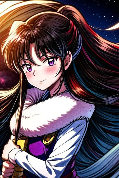 masterpiece, best quality 1girl Setsun4 solo long hair, (night time) forest background black hair very long hair purple eyes multicolored hair armor (fur trim) (medium body),<lora:EMS-179-EMS:0.800000>,<lora:EMS-293862-EMS:0.800000> bow, hair_bow, hair_tubes, red_bow, brown_hair, long_hair, bangs, sidelocks, ascot, brown_eyes, frilled_bow, yellow_ascot, blush, smile, hair_between_eyes