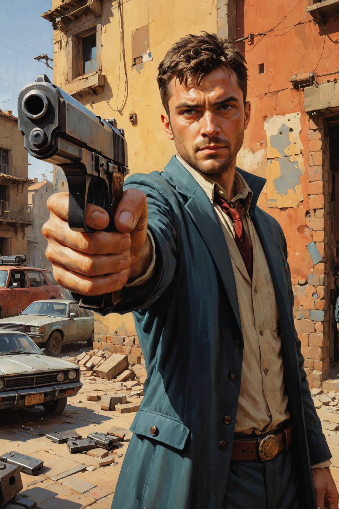 by Ian McQue and Sam Spratt,  <lora:EnvyStudioPortraitXL01:0.35> ,   pointing a pistol <lora:pistol:0.60>