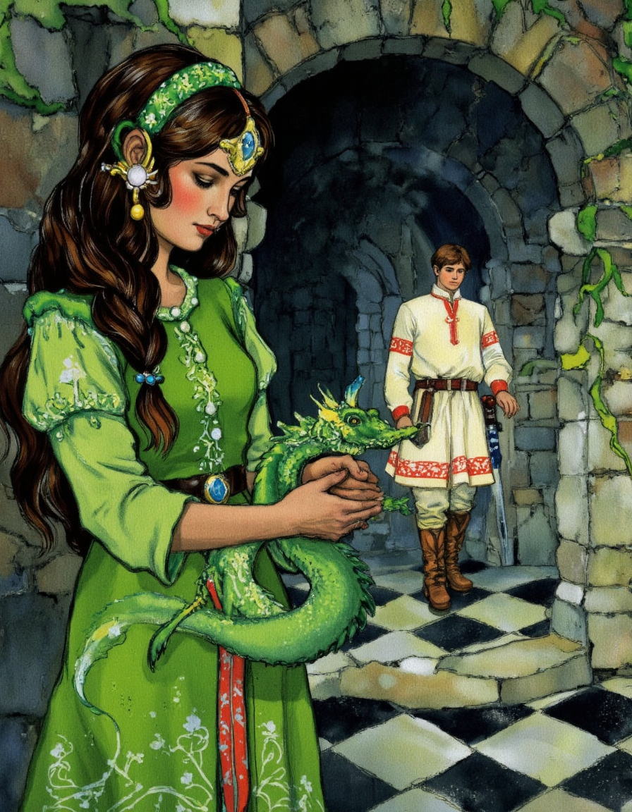 <lora:kochergin:1>,This is a vibrant digital illustration depicting a scene from a fantasy story. The foreground features a young woman with long, dark hair styled in a braid, adorned with a green headdress decorated with intricate, star-shaped designs and pearls. She wears a green dress with puffed sleeves, a high collar, and a belt adorned with a jewel. Her expression is serene, and she holds a green dragon in her hands, which is coiled around her wrist.
In the background, a young man with light skin and short brown hair, wearing a white tunic with red detailing on the sleeves and a red belt, walks towards the viewer. His attire includes brown boots and a sword at his side. He has a determined expression and is dressed in a medieval style. The background consists of a dimly lit, stone-walled corridor with archways and a checkered floor pattern of black and white squares. The walls are adorned with green vines and plants, adding a touch of nature to the otherwise medieval setting. The overall mood is one of adventure and mystery, with a blend of fantasy and historical elements.