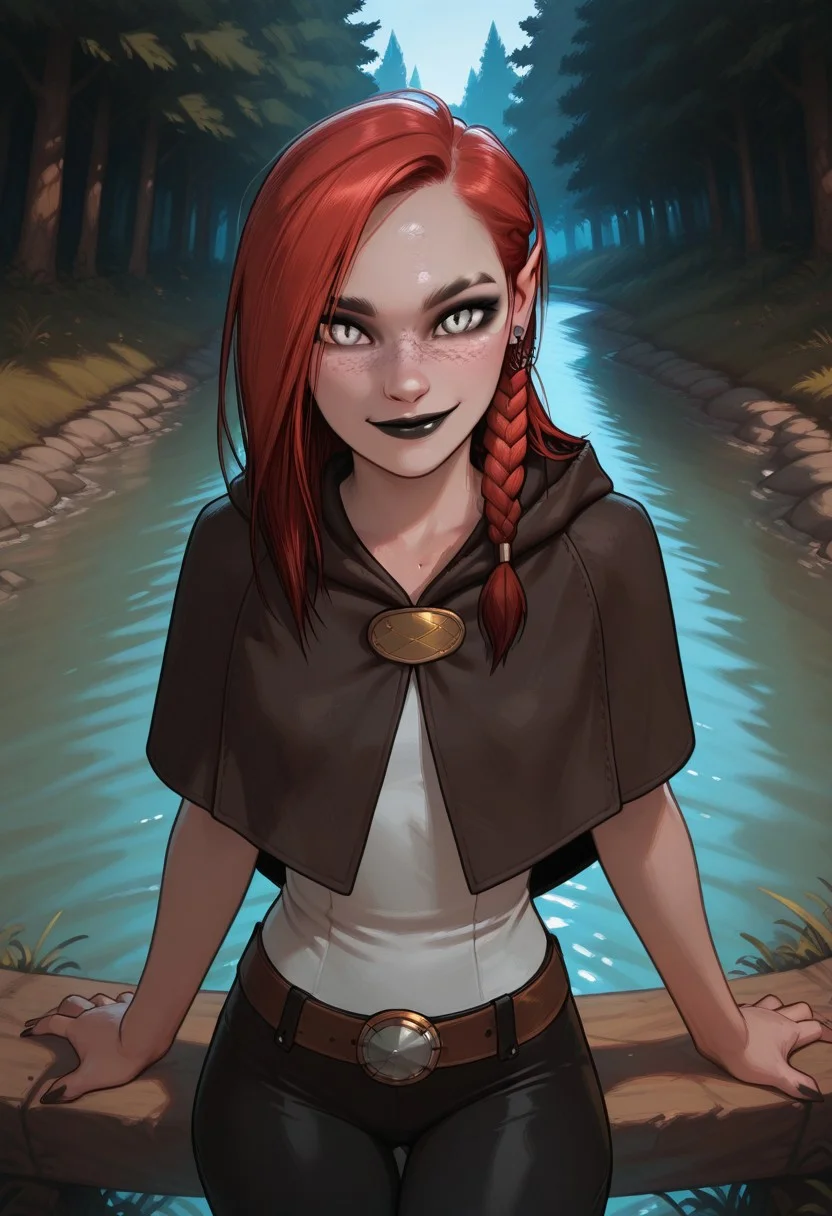 masterpiece,best quality,amazing quality,newest, absurdres, highres, detailed eyes, beautiful, perfect eyes, finely detailed face, very aesthetic, anime coloring, anime screencap, incoth, (incase:0.6),
1girl, solo
kayenn, red hair, long hair, side braid, white eyes, freckles, black lips, earrings, black nails, sharp fingernails, slim, cute face, small breasts,
sexy stance, happy, standing, looking at viewer,
capelet, pants, shirt, belt,
river, forest,