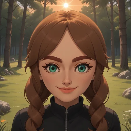 score_9, score_8, BREAK, solo, wii, mii, wii sports, 1girl, female mii, cute, brown hair, dark red eyebrows, green eyes, lips, black clothing, black pants, shoes, breasts, nintendo mii, modern_mii, classic_mii, Charbara_(OC_Mii), sexy pose, self portrait, smile, looking at viewer, outdoors, sunlight, shadows, evening lighting, natural lighting, forest, trees, grass, orange sky, sunset