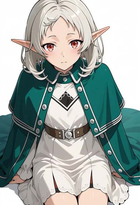 <lora:Sylphiette Greyrat_illustrious-000022:1>,
Sylphiette Greyrat, solo, looking at viewer, white dress, white background, green cloak, sitting, dress, simple background, green capelet, closed mouth, medium hair, capelet, cloak