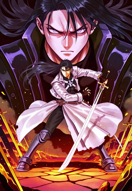 masterpiece, best quality, amazing quality, very aesthetic, absurdres, newest, 1boy, adult, male focus, hugbaldw, cutoff jacket, body harness with holy cross design, (((long hair, black hair))), charcoal greaves, long gray skirt, black shirt, black pants, black fingerless gloves, standing, serious expression, holding single sword, dark throne room, close up, action pose, sword, dynamic pose, scowl