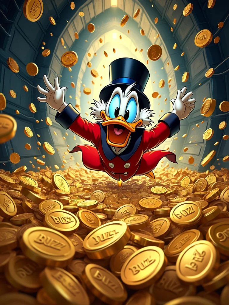Uncle Scrooge McDuck gleefully diving into a sea of shimmering golden 'Buzz' coins in his opulent vault. Vibrant metallic coins catch the light, creating a dazzling spectacle. The vault's walls are deep blue, contrasting sharply with the golden hue. Scrooge wears his iconic red coat and black top hat, standing out against the sea of gold. Closeup of coins reveals intricate 'Buzz' embossing. Dramatic lighting casts long shadows, emphasizing depth and texture. Splashes of coins frozen in mid-air add dynamic energy to the scene