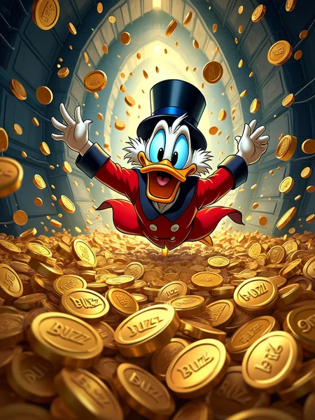Uncle Scrooge McDuck gleefully diving into a sea of shimmering golden 'Buzz' coins in his opulent vault. Vibrant metallic coins catch the light, creating a dazzling spectacle. The vault's walls are deep blue, contrasting sharply with the golden hue. Scrooge wears his iconic red coat and black top hat, standing out against the sea of gold. Closeup of coins reveals intricate 'Buzz' embossing. Dramatic lighting casts long shadows, emphasizing depth and texture. Splashes of coins frozen in mid-air add dynamic energy to the scene