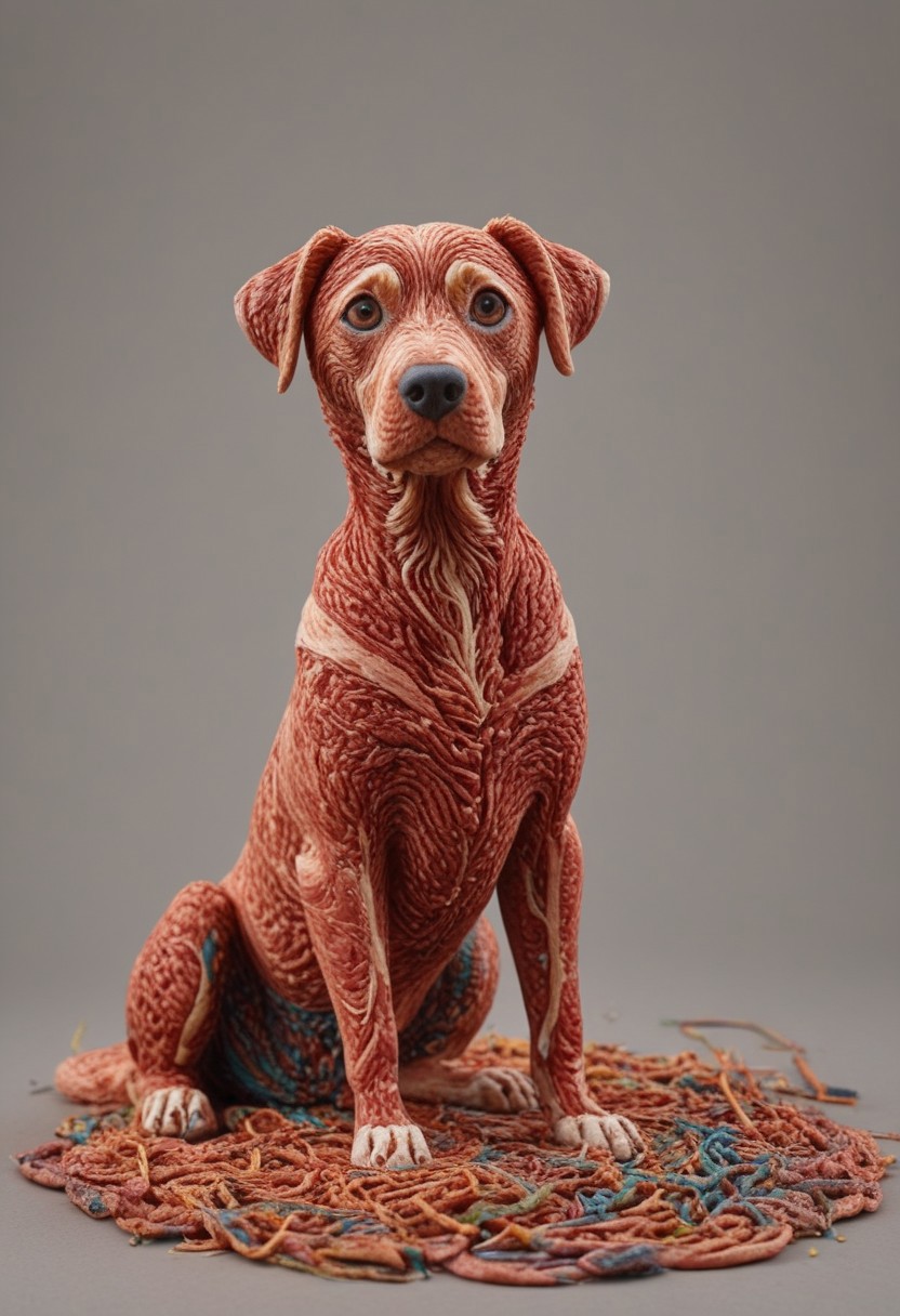 a cute chibby dog with big eyes made out of clay, he is eating food made of wagyu, very detailed, 4k, sharp, eating rainbow worms, novuschroma51 style