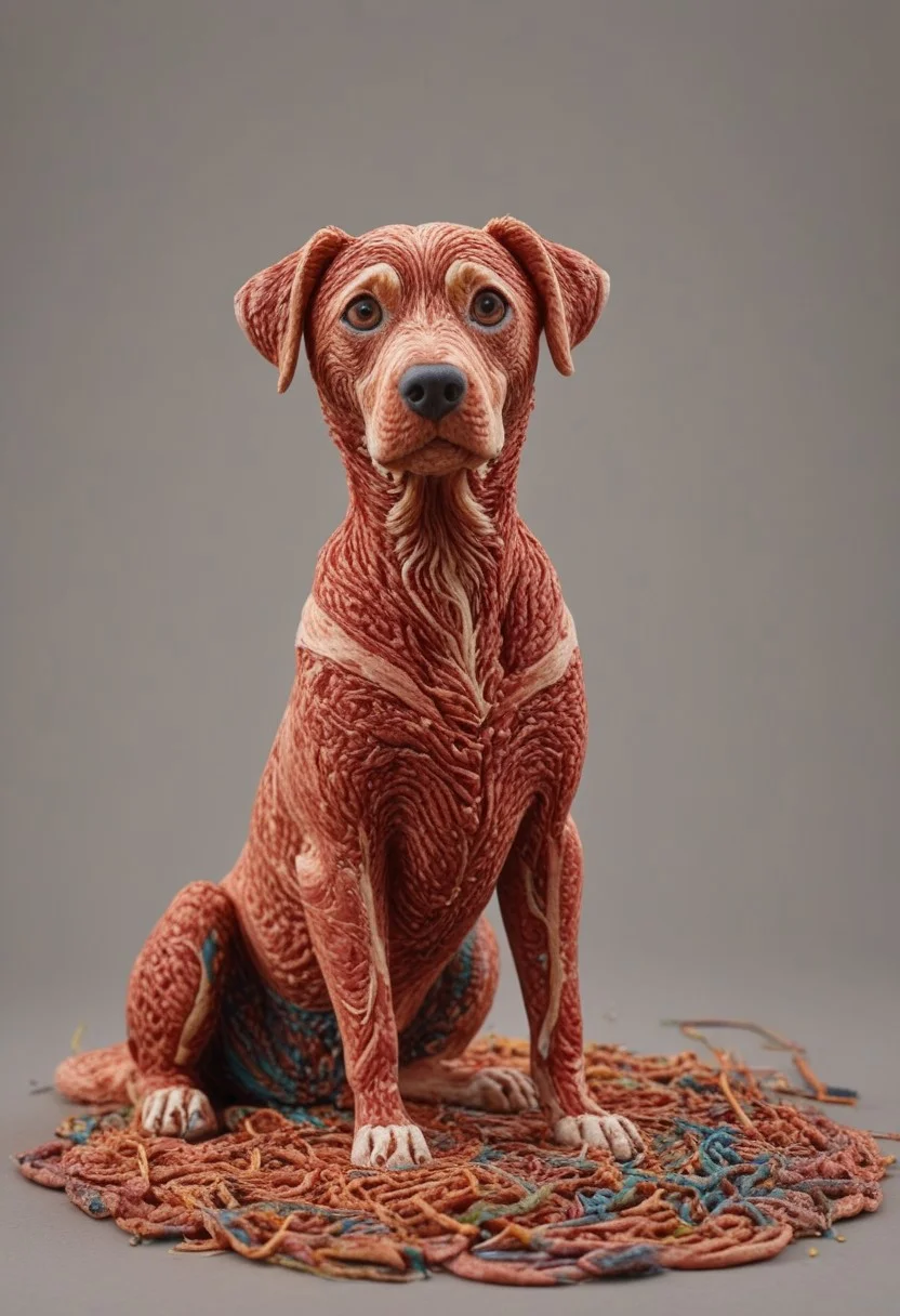 a cute chibby dog with big eyes made out of clay, he is eating food made of wagyu, very detailed, 4k, sharp, eating rainbow worms, novuschroma51 style