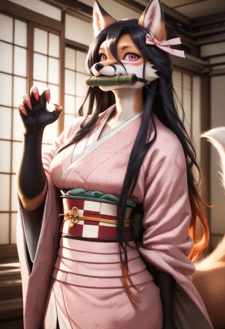 score_9, score_8_up, score_7_up, source_furry, beautiful female fox furry ,1 girl(fox), middle breasts,detailed face,kind look, bit gag, gag, japanese clothes, long hair, kimono, pink kimono, black hair, bamboo,  claw pose, pink eyes, solo, ribbon, asa no ha (pattern), haori, red nails, hair ribbon, checkered sash, sash, obi, fingernails, gagged, sharp fingernails, mouth hold, pink nails, pink ribbon, hc, ,castle room background(night,dark),Furry antro fox dressed like  Nezuko, solo